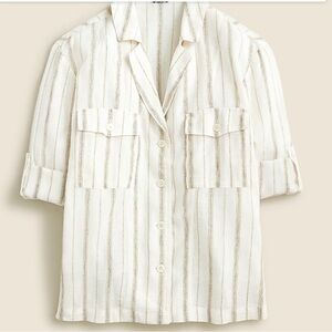 J. Crew White and tan Striped Shirt camp linen cotton